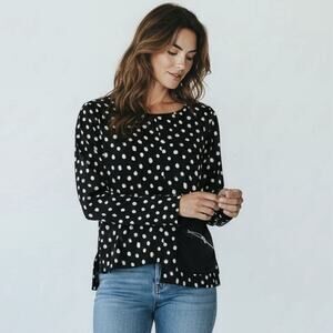 Comfy USA Crop Top XS Slinky knit Black Polka Dot Artsy Zip Pocket Lagenlook